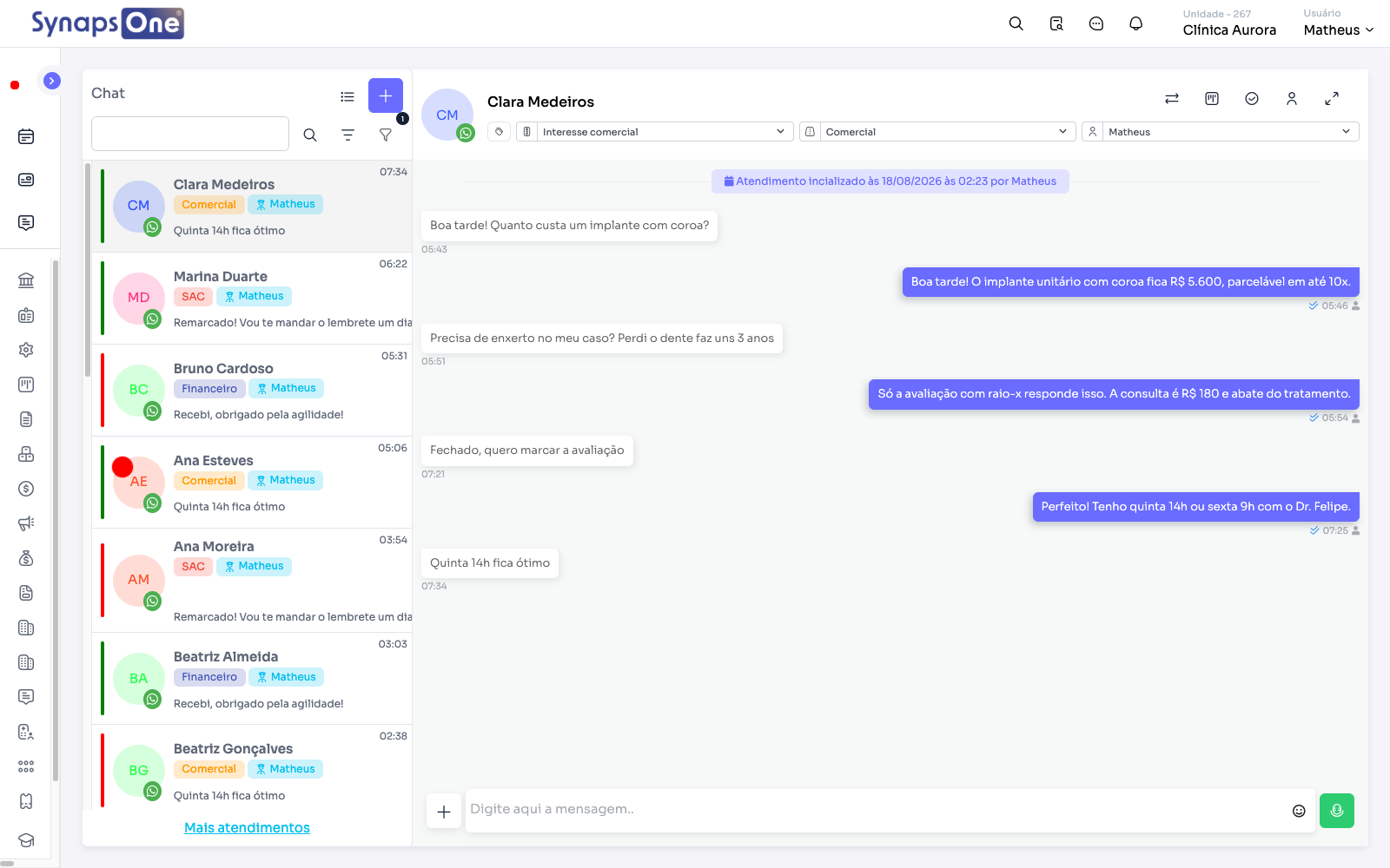 Central de atendimento omnichannel do Synaps One com conversas de WhatsApp e Instagram